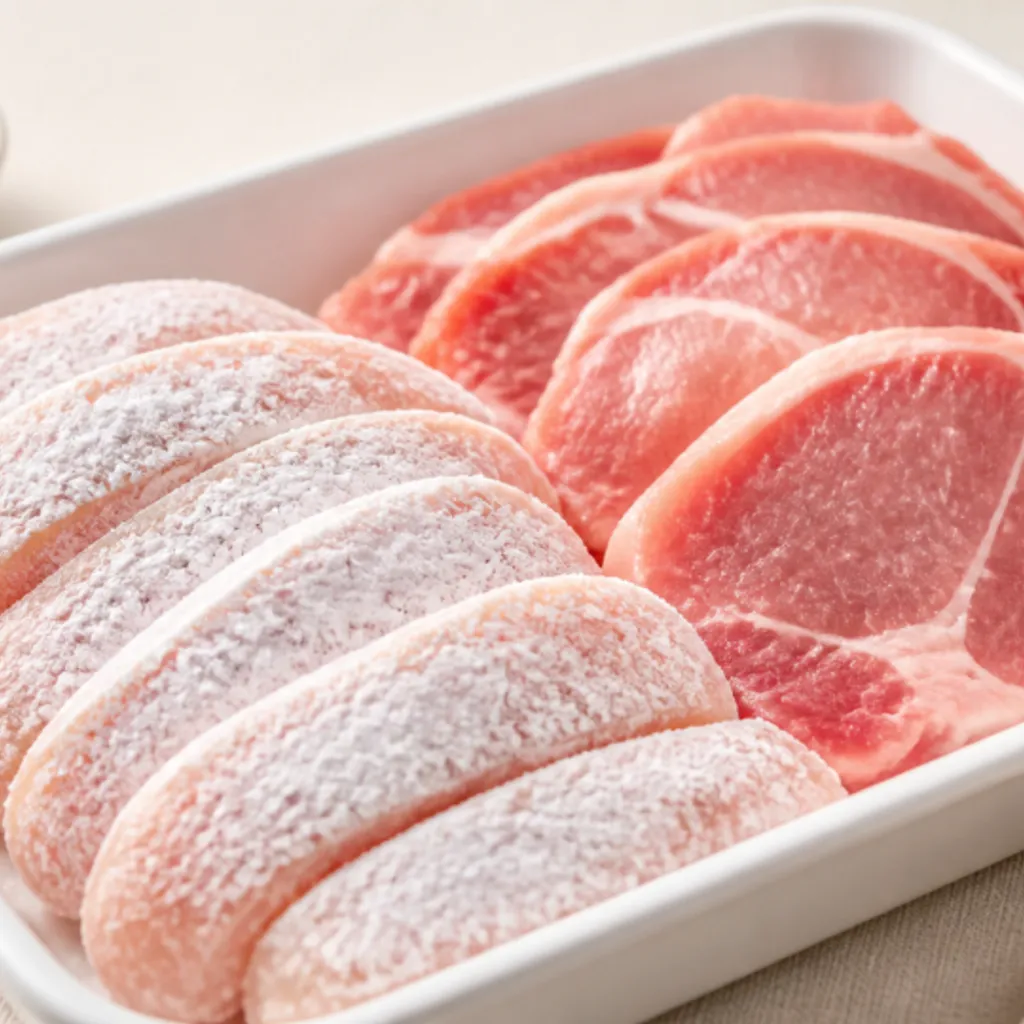 そぎ切りにした鶏むね肉と豚こま肉