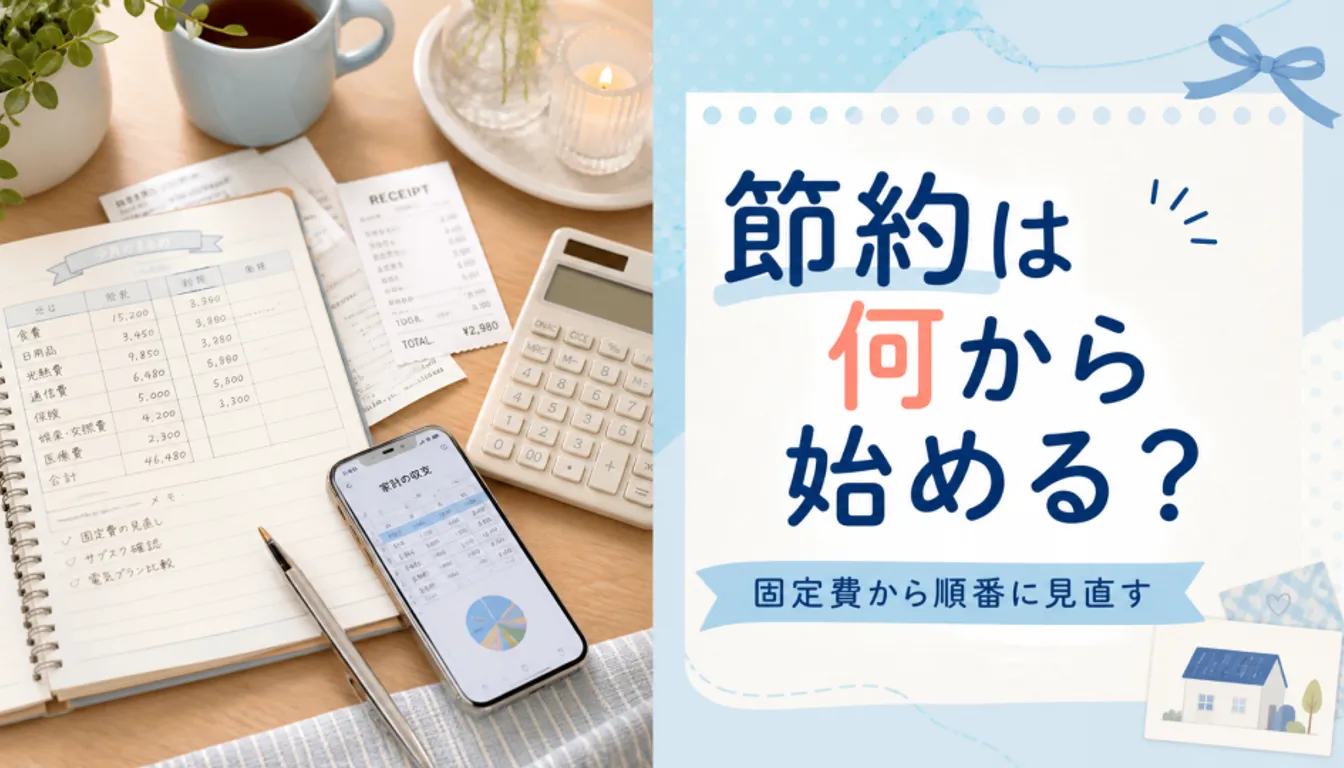 レシートと電卓を並べた家計簿のノート