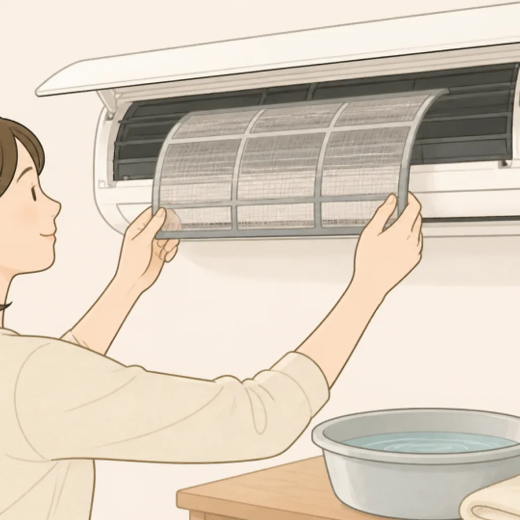 月に一度掃除するために開けたエアコンのフィルター