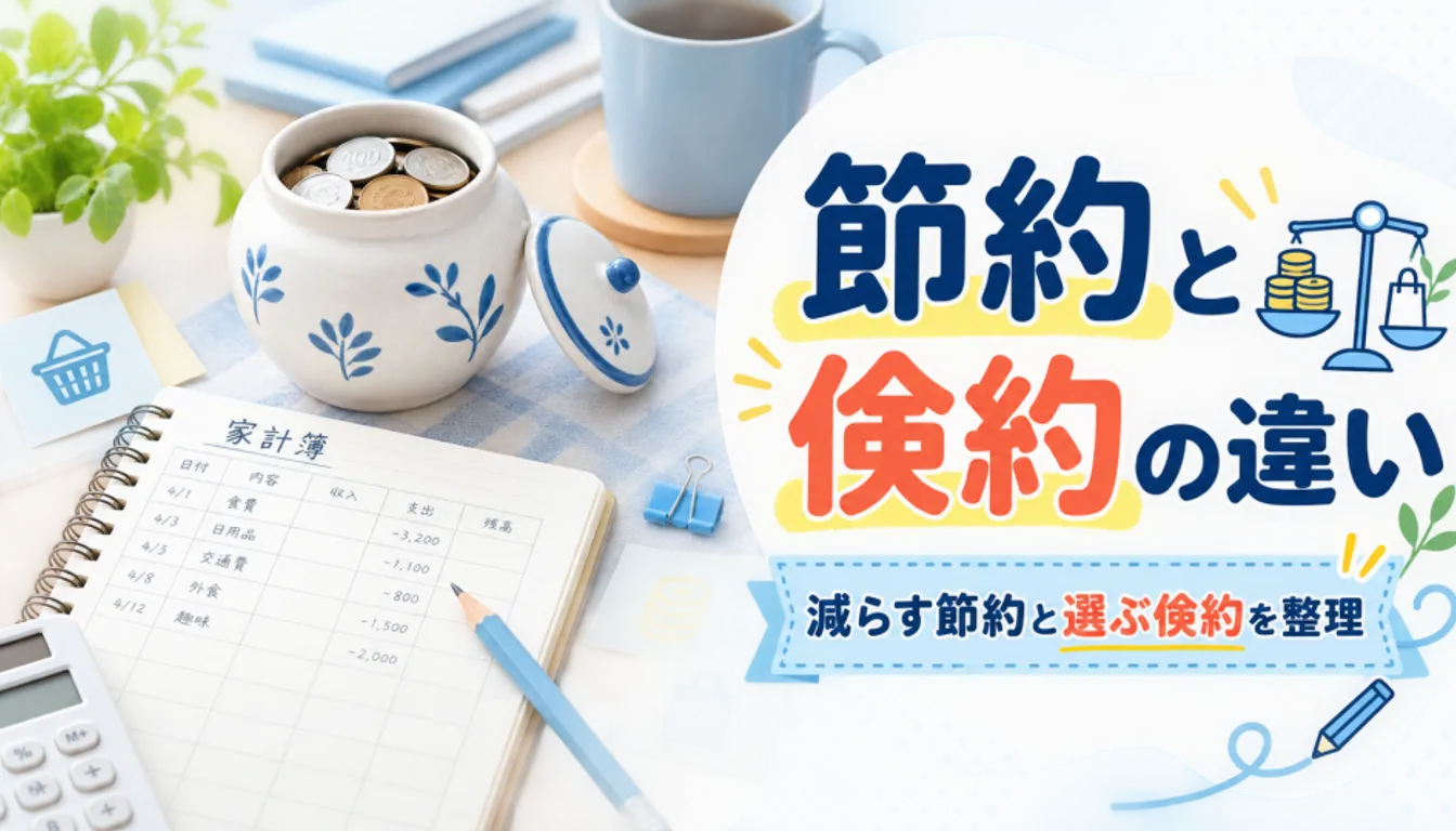家計簿と小さな貯金用の陶器の器、鉛筆