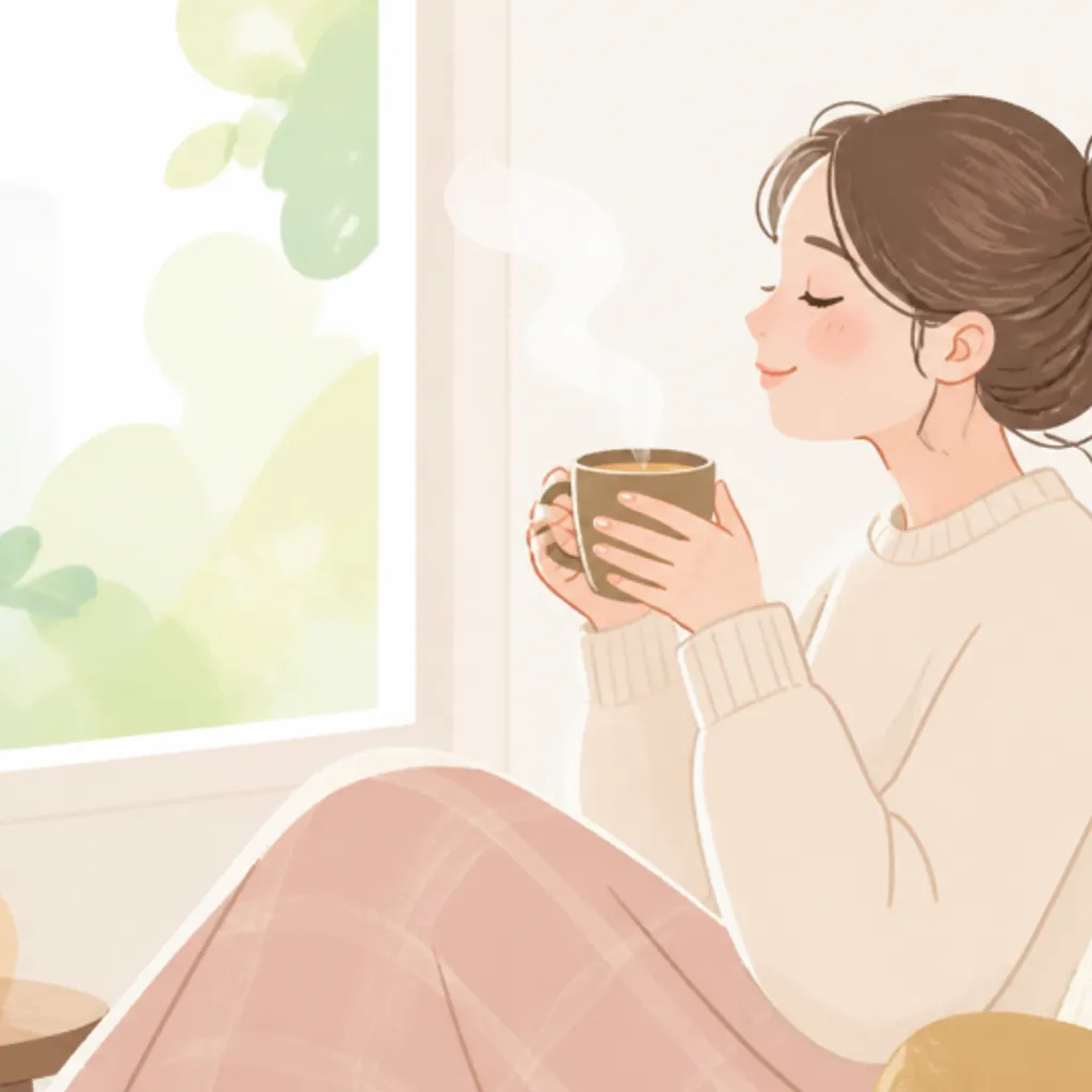 窓辺でマグカップを手にくつろぐ女性