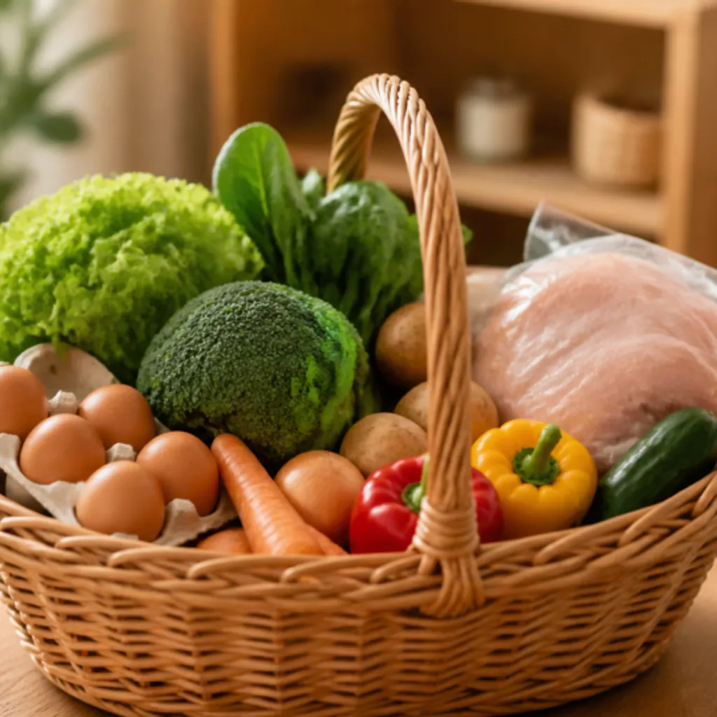 卵と野菜、鶏肉が入った控えめな買い物かご