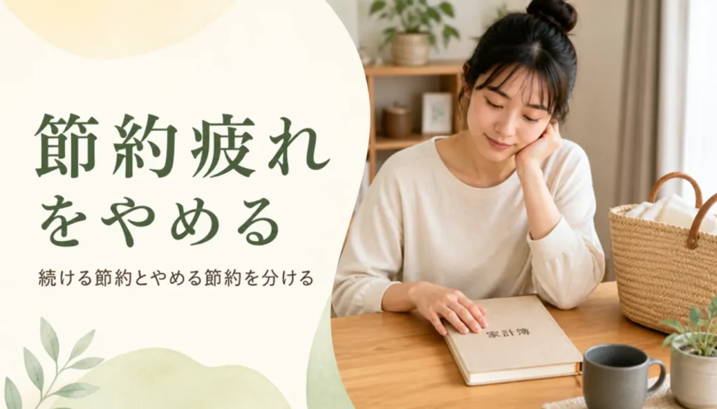 閉じた家計簿に手を添えて休んでいる女性
