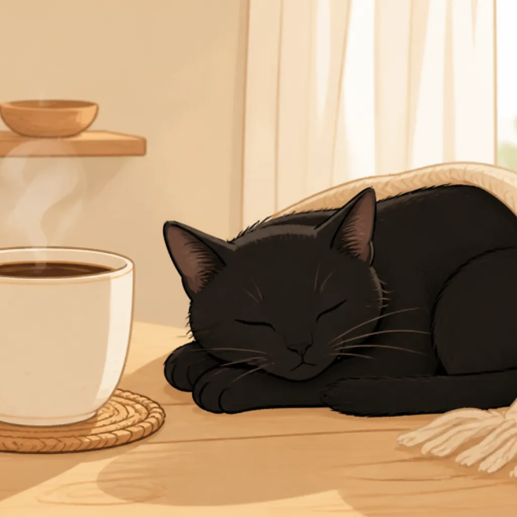 眠る黒猫のそばに置かれた温かいコーヒー