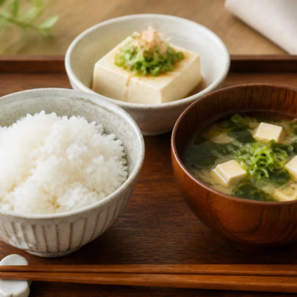 ご飯と味噌汁と豆腐が並んだ質素な和食の献立
