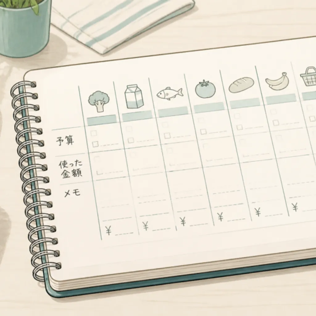 週ごとの食費予算を書き込んだ手書きの家計ノート