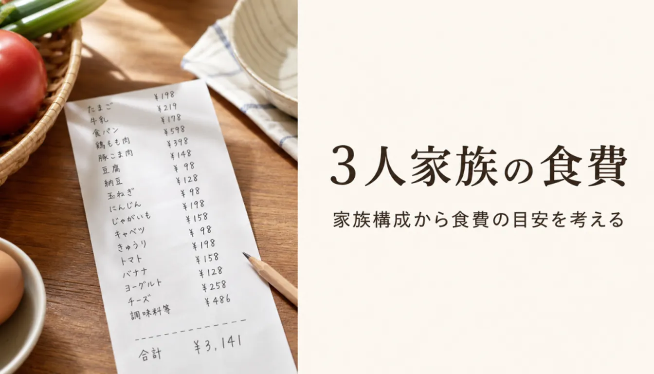 買い物のレシートと鉛筆で食費を確認している様子
