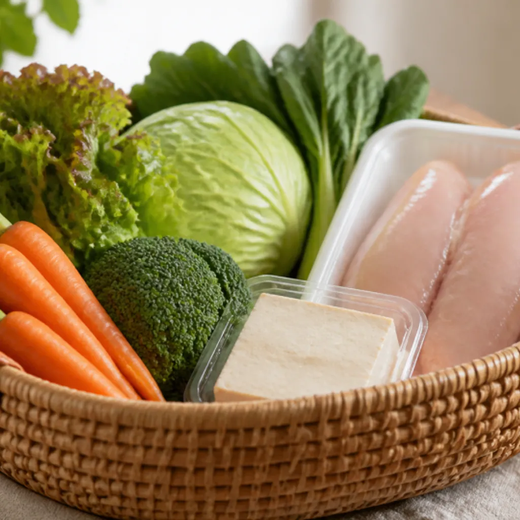 まとめ買いした野菜や肉が入った買い物かご