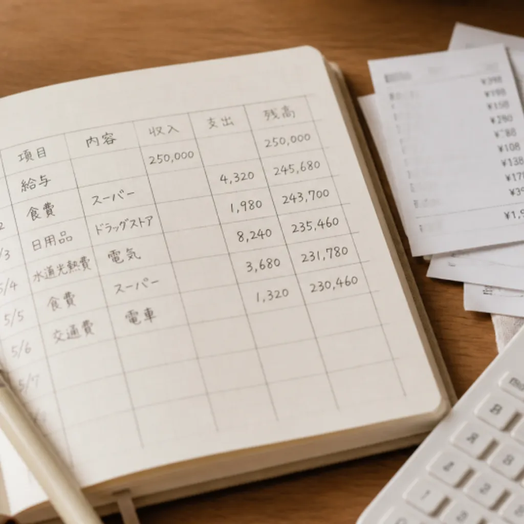 レシートと電卓を添えた手書きの家計簿