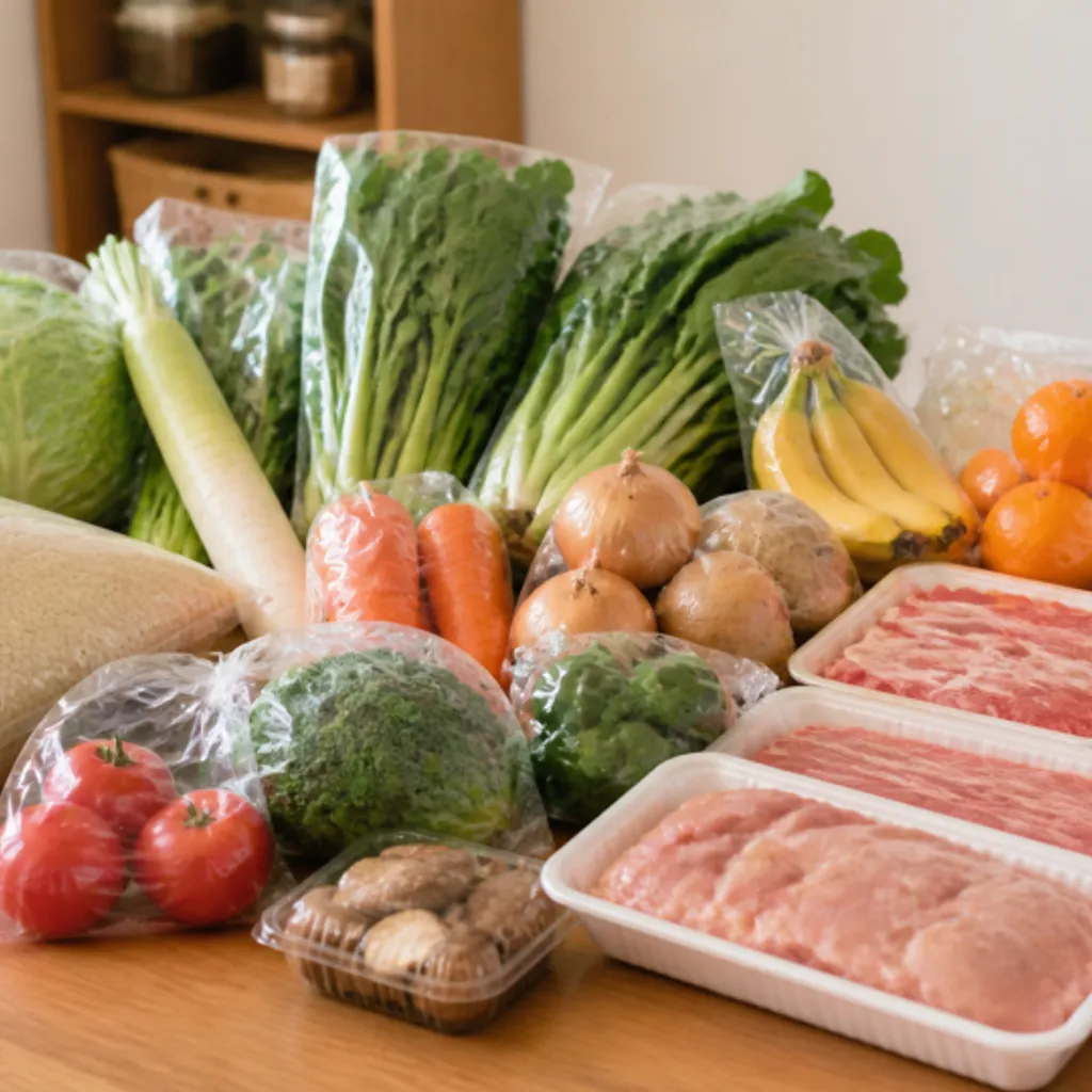 米や肉、野菜を並べた一週間分のまとめ買い