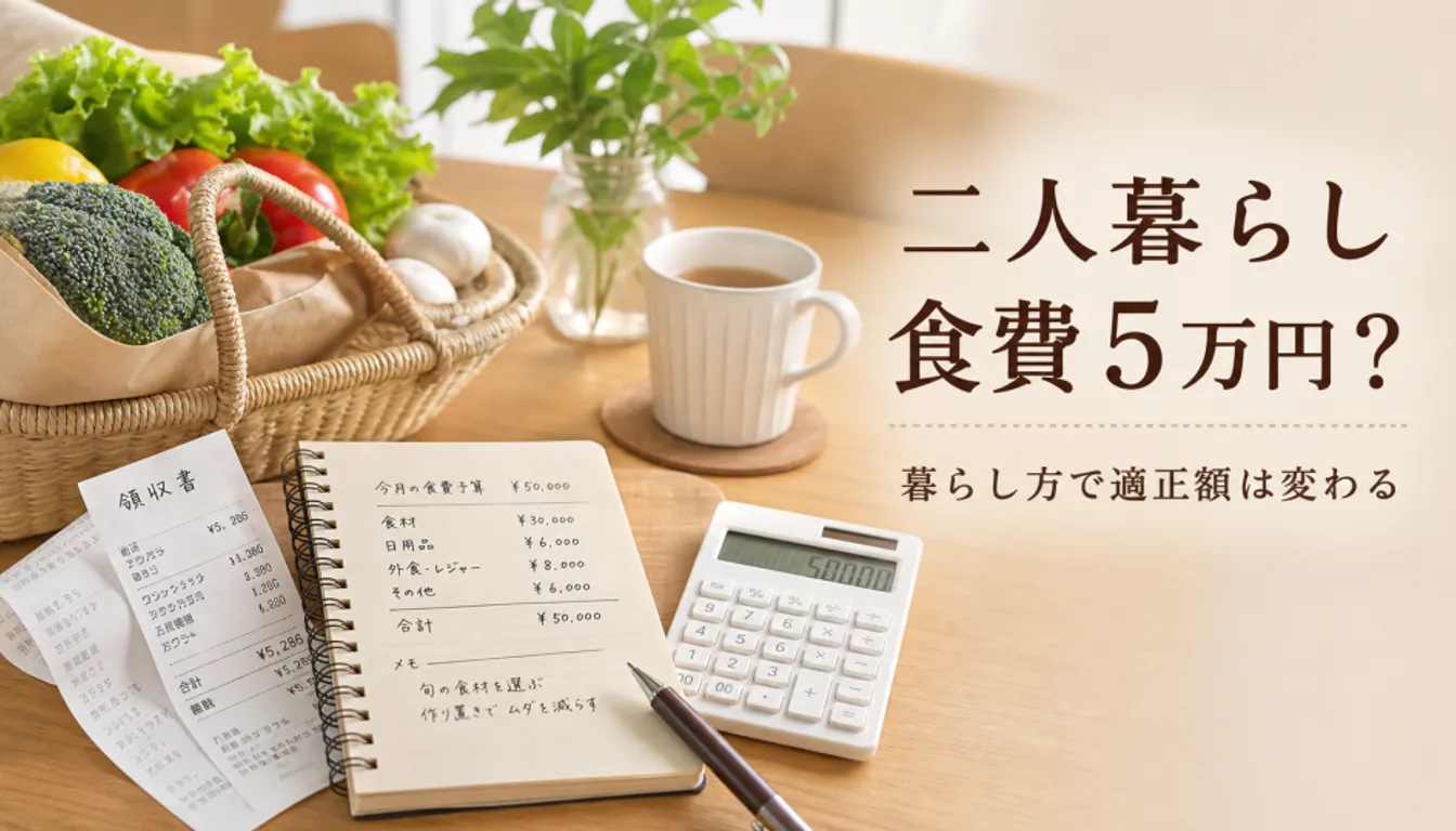 食費を書き出した家計簿とレシート、電卓