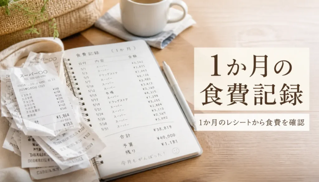 食費の記録に使ったレシートの束と手書きの家計簿ノート
