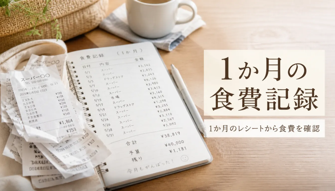 食費の記録に使ったレシートの束と手書きの家計簿ノート