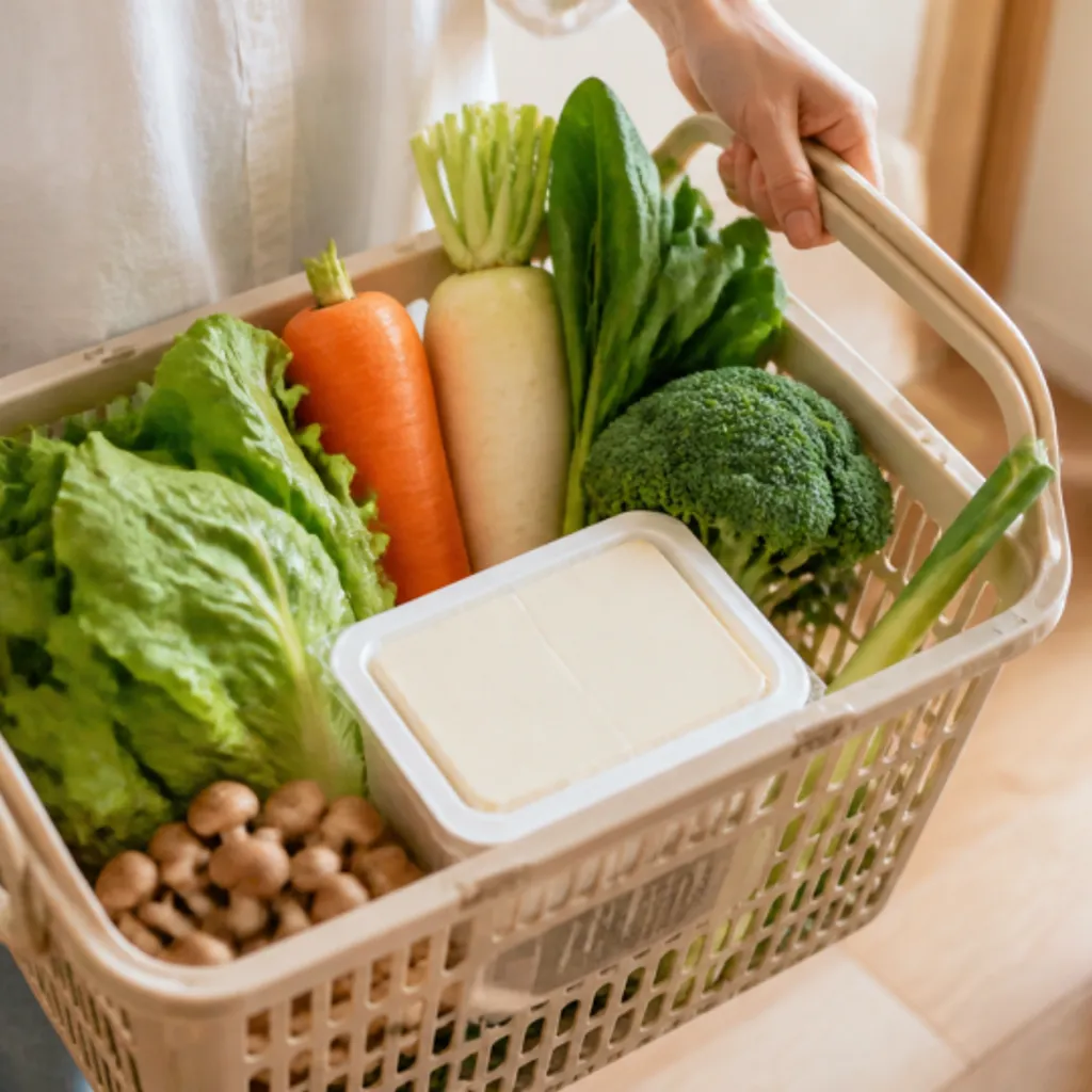 野菜と豆腐を入れた買い物かご