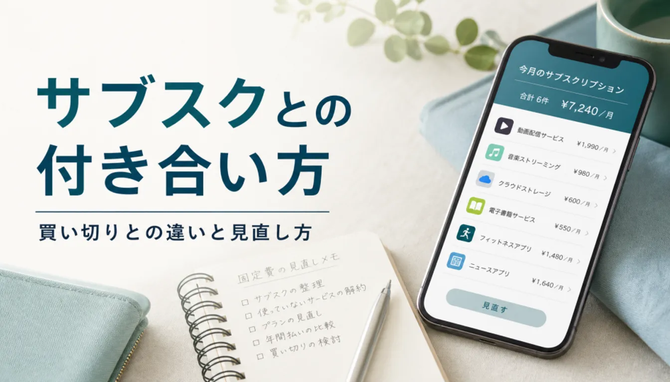 サブスクの月額一覧を表示したスマートフォンと家計ノート