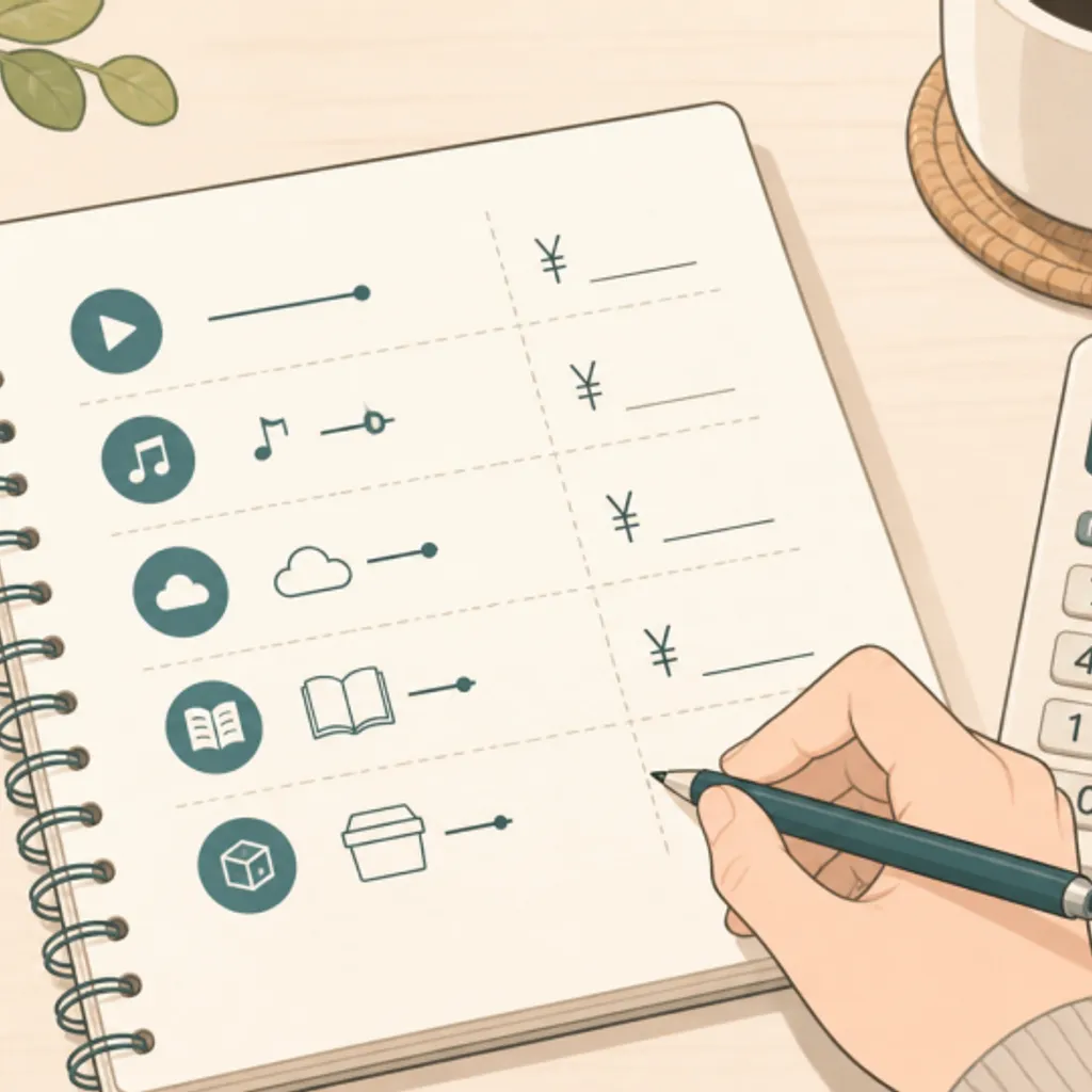 サブスクの月額を書き出した手書きの家計メモと電卓