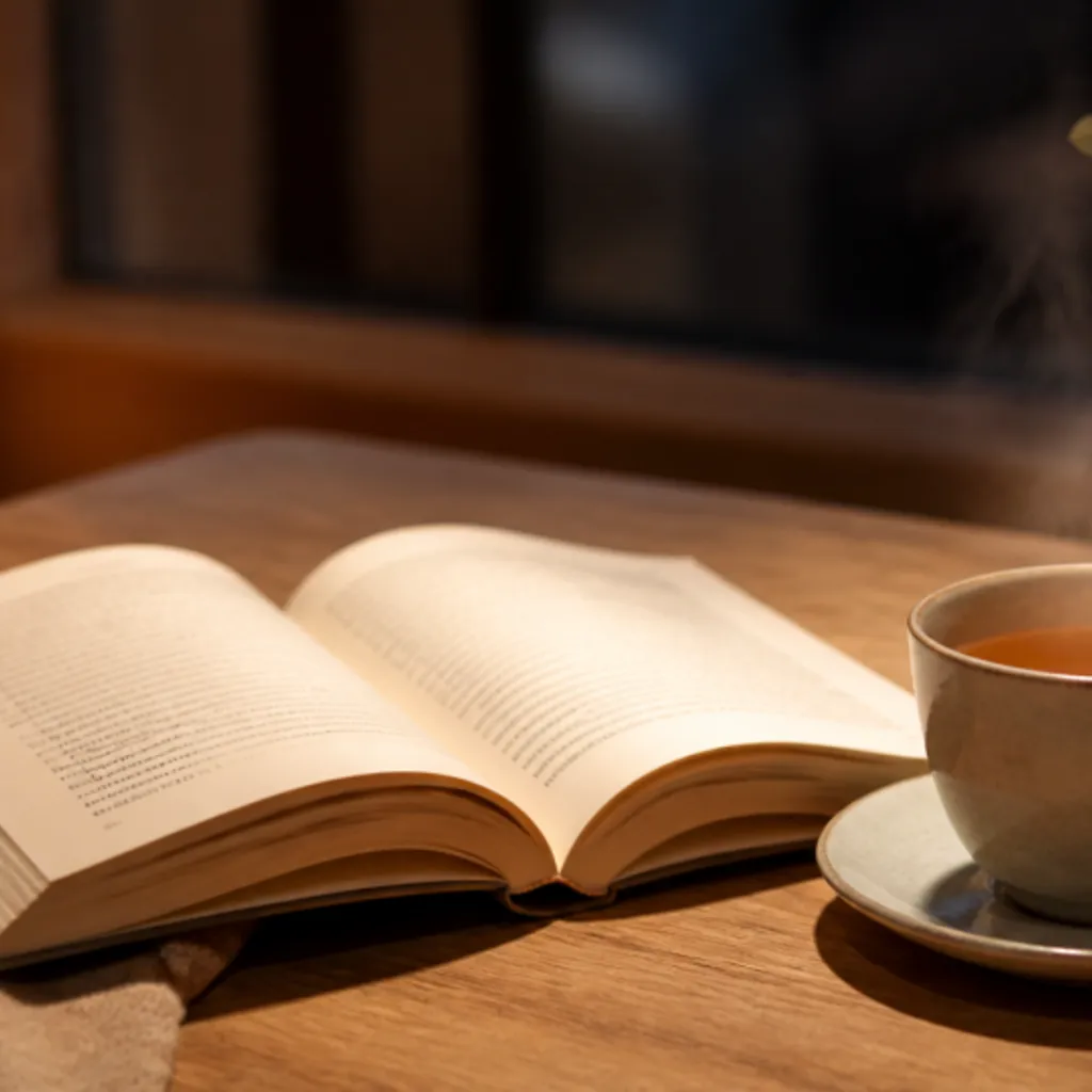 お茶のカップの横に開かれた文庫本