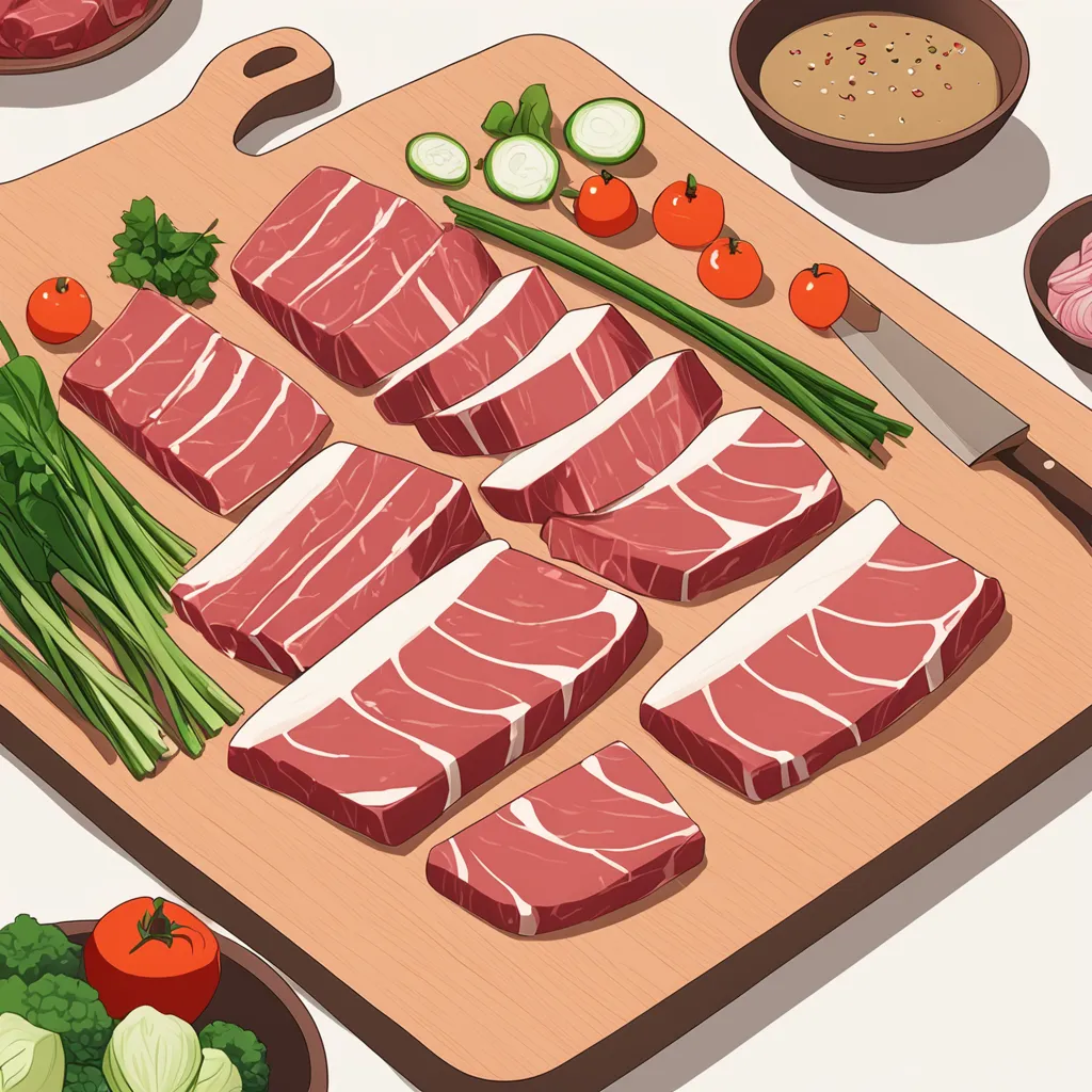 raw beef slices and vegetables on cutting board