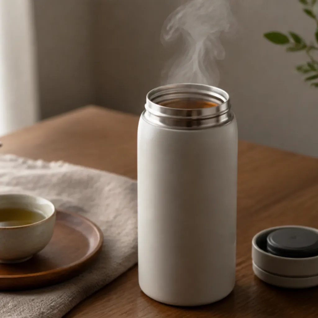 温かいお茶が入った広口の保温ボトル