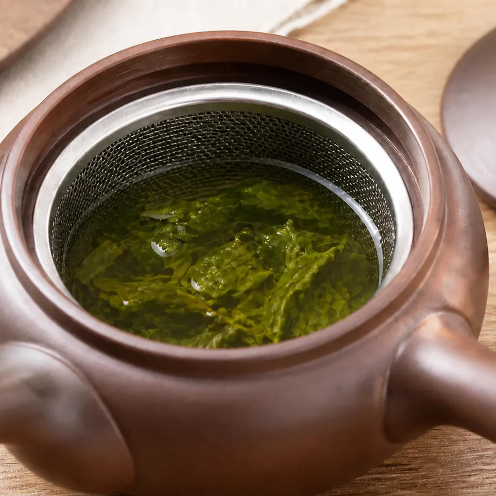蓋を開けた急須の細かい茶こしと茶葉