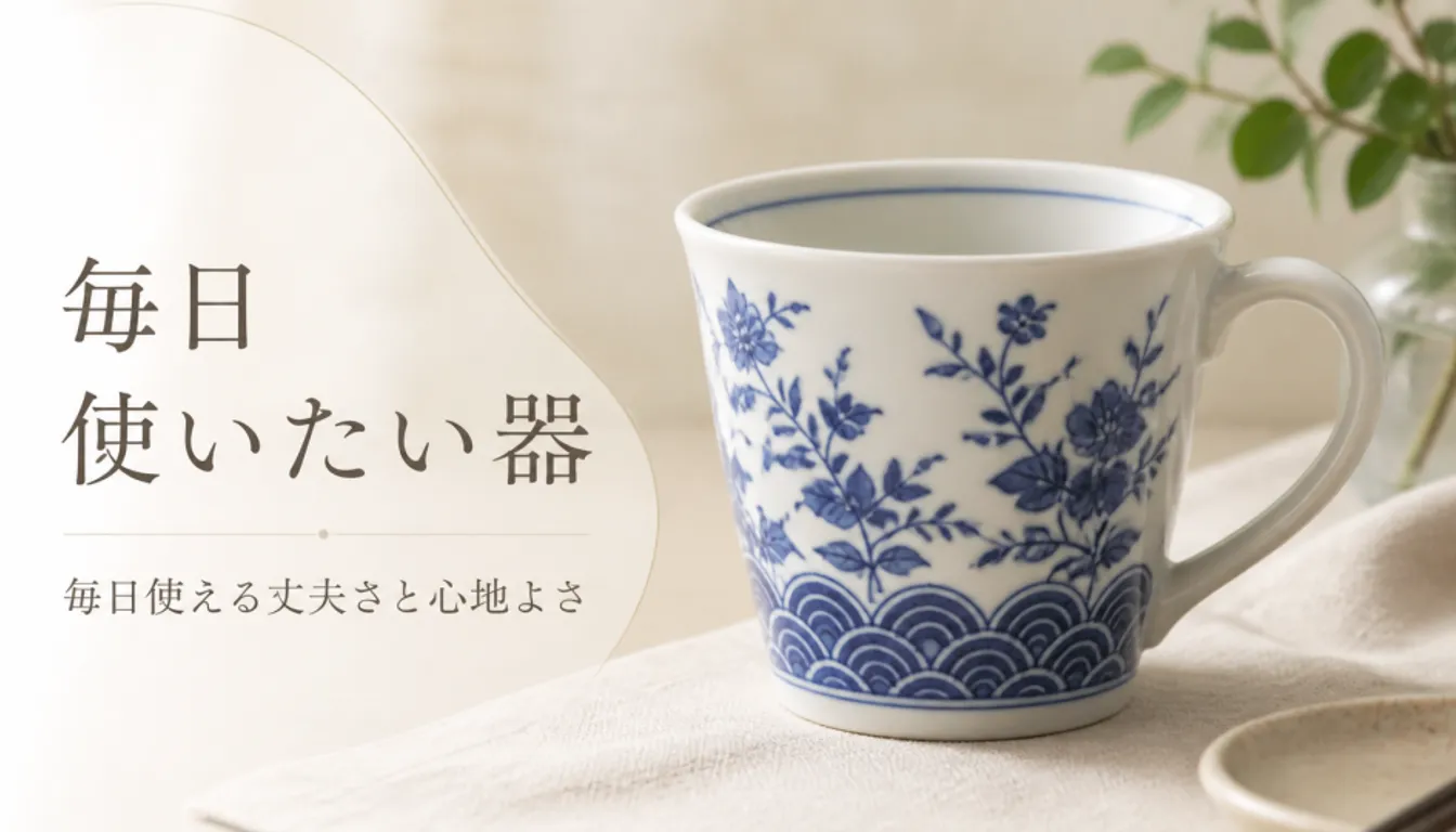 藍色の染付が施された白磁の波佐見焼マグカップ